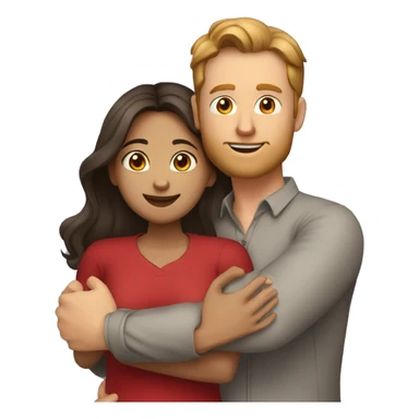 A taller Indian woman with long hair and tight fitting gray colored clothes (darker tights) hugs a shorter white man with a red shirt and brown hair sticker