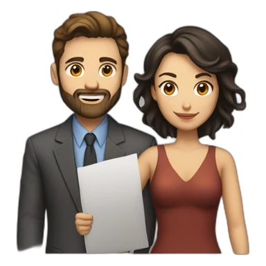 character couple with entrepreneurial man with straight brown hair and beard next to black-haired woman character sticker