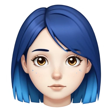 Pale girl with brown eyes, freckles, black hair, with two strips of blue hair sticker