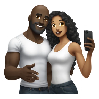 Muscular Dark skin man with bald head and beard taking selfie with light skin woman with long black curly hair sticker