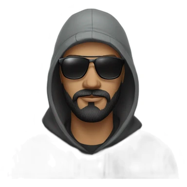 a man with black beard, gray Beanie, black sunglasses, that wears a black hoodie sticker