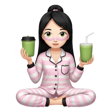 chica de pelo lacio color negro cabellera larga piyama blanca con rayas rosa claras peo no tan claras no oscuras el bordado es negro al igual que los botones )tiene una mascarilla para la cara una mascarilla faciial blanca y sostiene un matcha  y es de test blanca  sticker