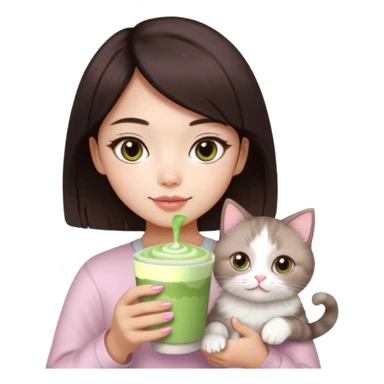 asian girl with short dark brown hair and dark brown eyes with a soft girl pink glowup aesthetic, matcha latte, 2 ragdoll cats, and sparkles sticker