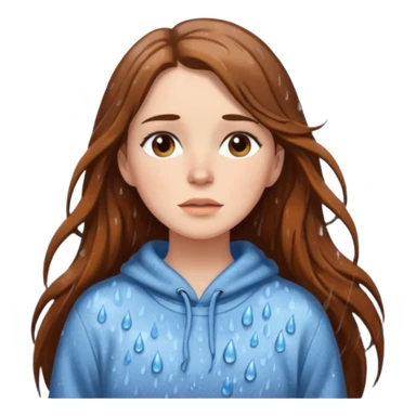 white woman with long brown hair and brown eyes, wearing a cozy sweater, standing in the rain sticker