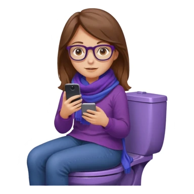 Fille châtain peau blanche avec lunettes. Elle porte une grosse écharpe violette, bleu et orange. Elle assise dans une cuvette de toilette. Téléphone en main. Realiste sticker