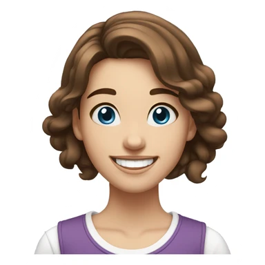 19 year old girl, brown hair styled not tied up, white skin, blue eyes, laughing sticker