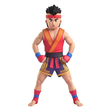 Rodtang Jitmuangnon with mohawk, intense expression, muscular build, in fighting stance, wearing mongkhon headband and Muay Thai shorts sticker