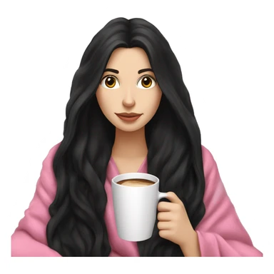 A pretty white girl with very long black hair in a pink blanket sipping coffee sticker