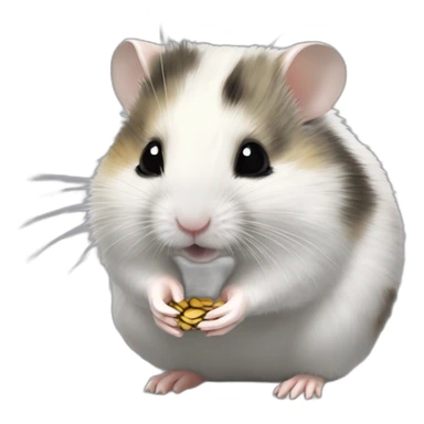 A Campbell dwarf hamster with a patchy greyish white fur sitting and eating a sunflower seed sticker