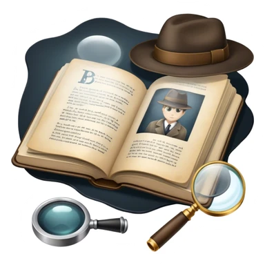 Icon for Detective Reading: an open book with text and a magnifying glass, a detective’s hat and a notebook with clues, surrounded by dark shadows and mysterious elements like footprints. Transparent background. sticker