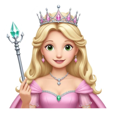 glinda the good witch from wicked movie, blonde hair, beautiful, big silver thin tiara, wand, pink gown sticker