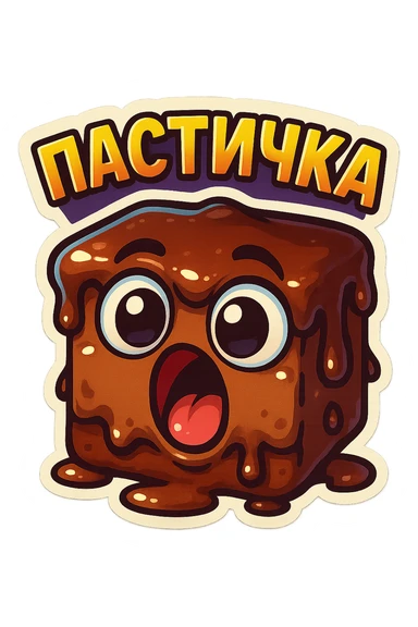 Rectangular chocolate mini pastry, slightly messy and squished, chocolate dripping, big round eyes, wide open mouth, playful surprised expression, text above: "ПАСТИЧКА", chibi style, Twitch emoji style, transparent background, colorful

 sticker