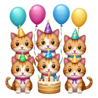 six guy cats at a birthday party, some holding gifts, some eating cake, festive decorations, emoji style sticker