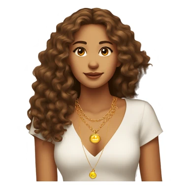 young woman tanned skin brown eyes brown long curly hair with sun gold necklace sticker