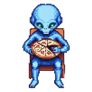 Blue alien eating pizza sticker