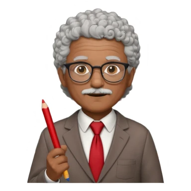 old man teacher, brown skin, curly grey white hai, wearing glasses, brown suit, red tie hold chalk on hand sticker