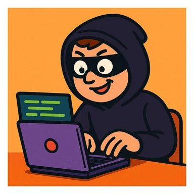 hacker, cartoon style, typing on laptop, green code, playful expression sticker