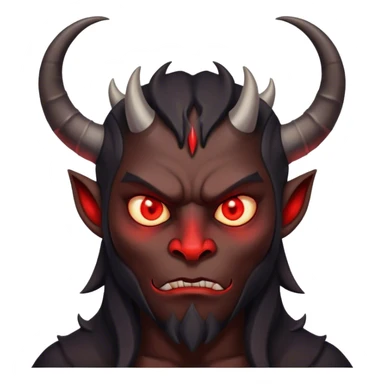 Black demon with two horns and glowing red triangular eyes making the thinking face sticker