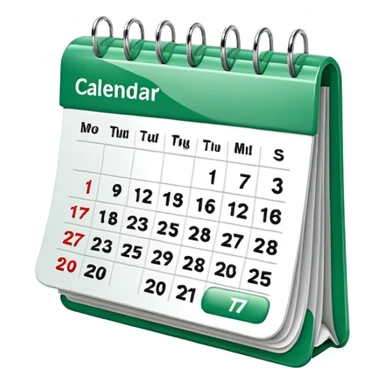 A glossy 3D icon of a clean digital calendar with green (#16A34A) accent highlights, floating pages, subtle shadows, and a modern SaaS-UI look. Soft reflections, rounded edges, friendly professional style. Represents scheduling and reservation management. sticker