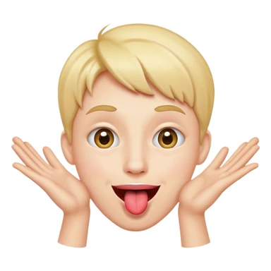 pessoa fazendo careta, com sorriso divertido, língua pra fora e mãos abertas próximas ao rosto sticker