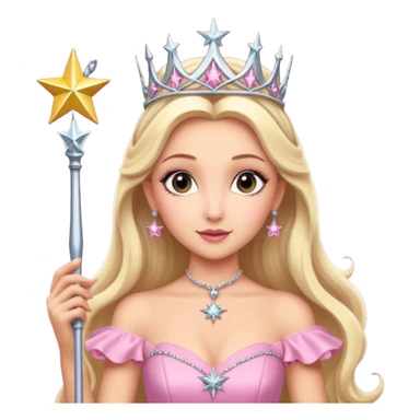 glinda the good witch from wicked movie (ariana grande) blonde hair, beautiful, big silver thin tiara, star wand, pink gown sticker