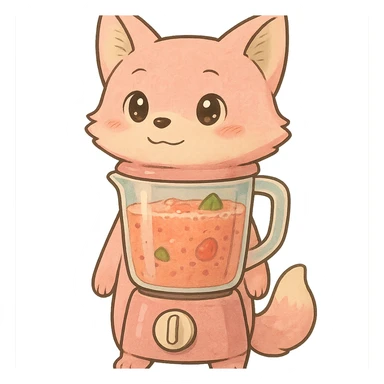 a soft, pastel pink fox as a blender, with a transparent body showing a fruity smoothie inside, sparkling eyes, full-body sticker
