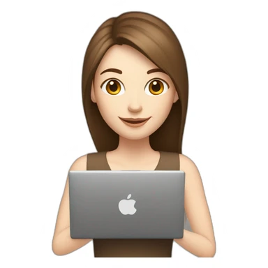 Smiling pale skin woman with middle brown straight hair holding a laptop and a coffee mug on her right hand not full body shot sticker