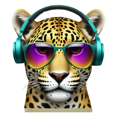 striking jaguar dj, emoji head, looking forward, wearing reflective sunglasses, wearing colorful big over-ear headphones on top of head sticker