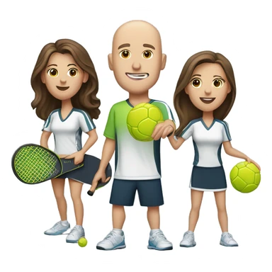4 Caucasian people playing pickleball with 1 tall bald male, 1 shorter brown hair male, 1 girl with long brown hair, 1 girl  with brown hair sticker