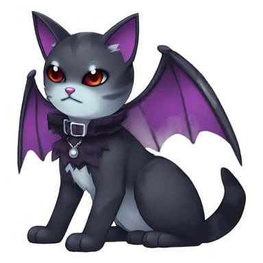   cool edgy kawaii anime-style ethereal dark-punk-themed animal vampiric cat-hybrid Fakemon with fangs and bat-wing-ears with a collar full body sticker