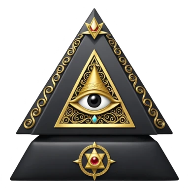 wide big iron black Illuminati throne with gold filigree, pyramid and all-seeing eye symbol in the center sticker