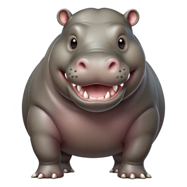 cinematic-hippo-realistic-full-body side view-standing on all fours-emoji,-massive-round-frame,-wide-mouthed-grin-exposing-huge-teeth,-head-tilted-dramatically,-thick-greyish-brown-hide-glossy-from-water,-simplified-yet-realistic-focused-features,-highly-detailed,-glowing-with-an-almost-sarcastic-glow sticker