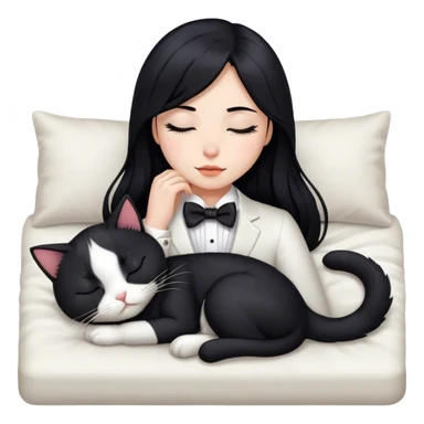 Single long Black hair girl sleeping with tuxedo cat sticker