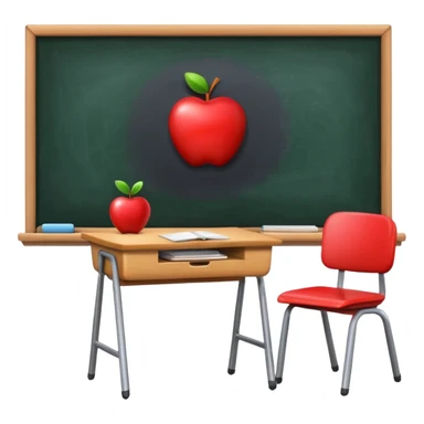 simple classroom interior with one desk and one chair, blackboard, window, apple style emoji sticker