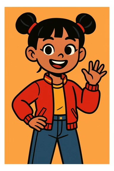 Chinese girl, vibrant cartoon style, cheerful expression, modern outfit, simple background sticker