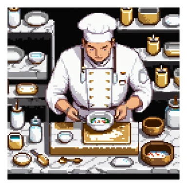 Ein eleganter Bäcker in weißer Uniform, arbeitet auf einer Marmorplatte mit Porzellanformen und goldverzierten Utensilien. Die Umgebung erinnert an eine klassische französische Patisserie. Interface wirkt wie graviertes Porzellan mit filigranen Mustern.
 sticker