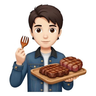 Turkish beautiful finish Konya boy white skin and good hair and brown eyes with black and denim clothes and had on his hand grilled meat sticker
