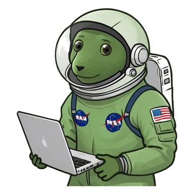 astronaut scientist with a rocket and a computer, on moon sticker