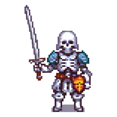 skeleton in armor wielding a sword, pixel art style sticker