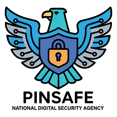 modern abstract eagle with wings shaped like circuit boards, representing Pinsafe national digital security agency, professional design with hints of blue and silver, including shield and lock motif sticker