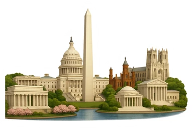 cinematic realistic emoji of Washington DC, panoramic cityscape with US Capitol, Washington Monument, Lincoln Memorial, Jefferson Memorial, White House, Smithsonian Castle, National Cathedral, Supreme Court, Tidal Basin with cherry blossoms. Lifelike detail, accurate colors, bright daylight, no sky, no clouds, no text, transparent background sticker