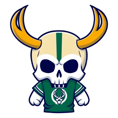 cool skull in Milwaukee Bucks basketball team colors (dark green, cream, and blue) sticker