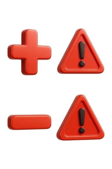 emoji stile iphone dei simboli "+" e "-" rossi in 3d che fluttuano in aria insieme a segnali di pericolo, FALLO MOLTO REALISTICO IN 3D sticker