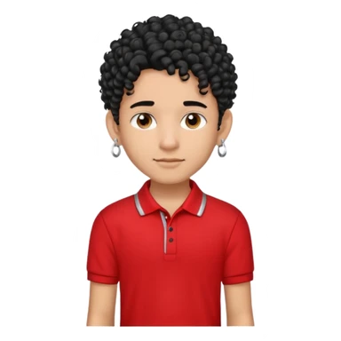 teen boy, indian, black curly hair, undercut hairstyle, silver earring in one ear, red polo shirt, silver chain sticker