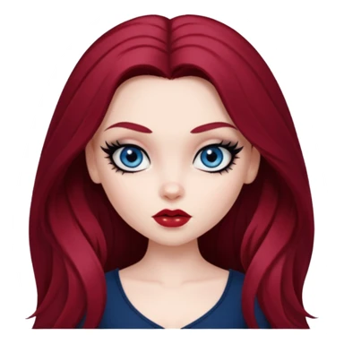 pale skin, girly bratz baddie, beautiful dark blue eyes, sharp black eyeliner, long dark red hair sticker