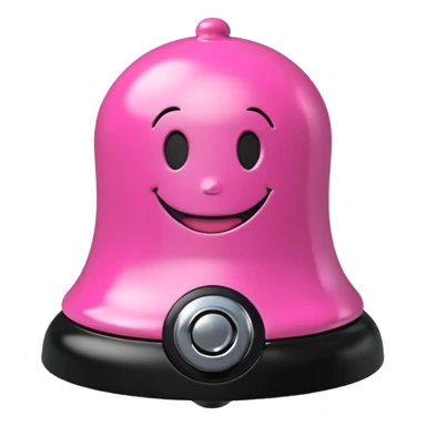 pink call bell with chrome knob on top and black base with smiley face on it sticker