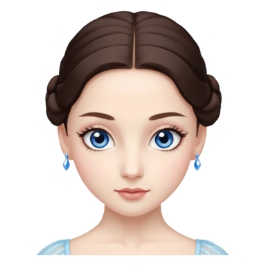 Realistic Ballerina Portrait, with porcelain-like skin featuring a natural rosy flush, illuminated by soft lighting that highlights the gentle contours of her face. Her Brunette hair flows in soft.Her deep blue eyes radiate framed by arched brows and long lashes. sticker
