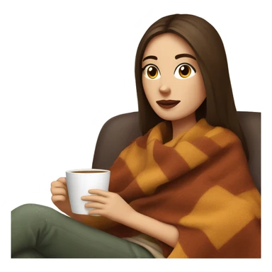 Brunette white girl covered in blanket autumn vibe sitting on a cozy chair holding coffee,  sticker
