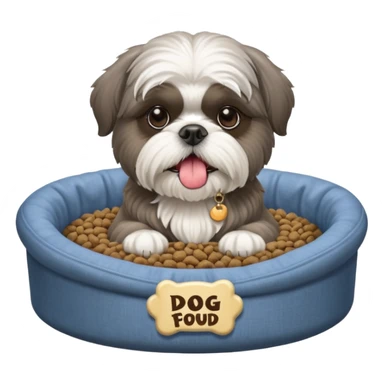 old ALL grey shih tzu in dog bed tongue hanging out with a bowl of food sticker