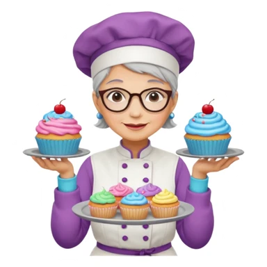 Older female pastry chef – round glasses, oven mitts on, holding a tray of cupcakes

 sticker